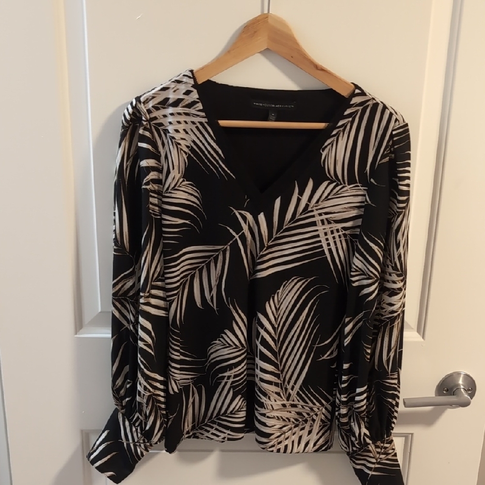 White House Black Market Black and Cream Graphic Long Sleeve Blouse